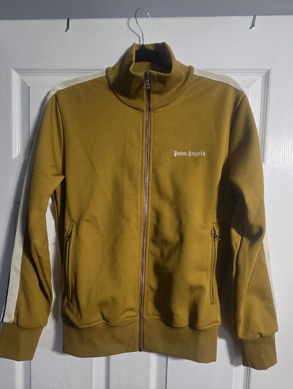 Palm Angels Mustard Zip-Front Track Jacket with Cream Stripes
